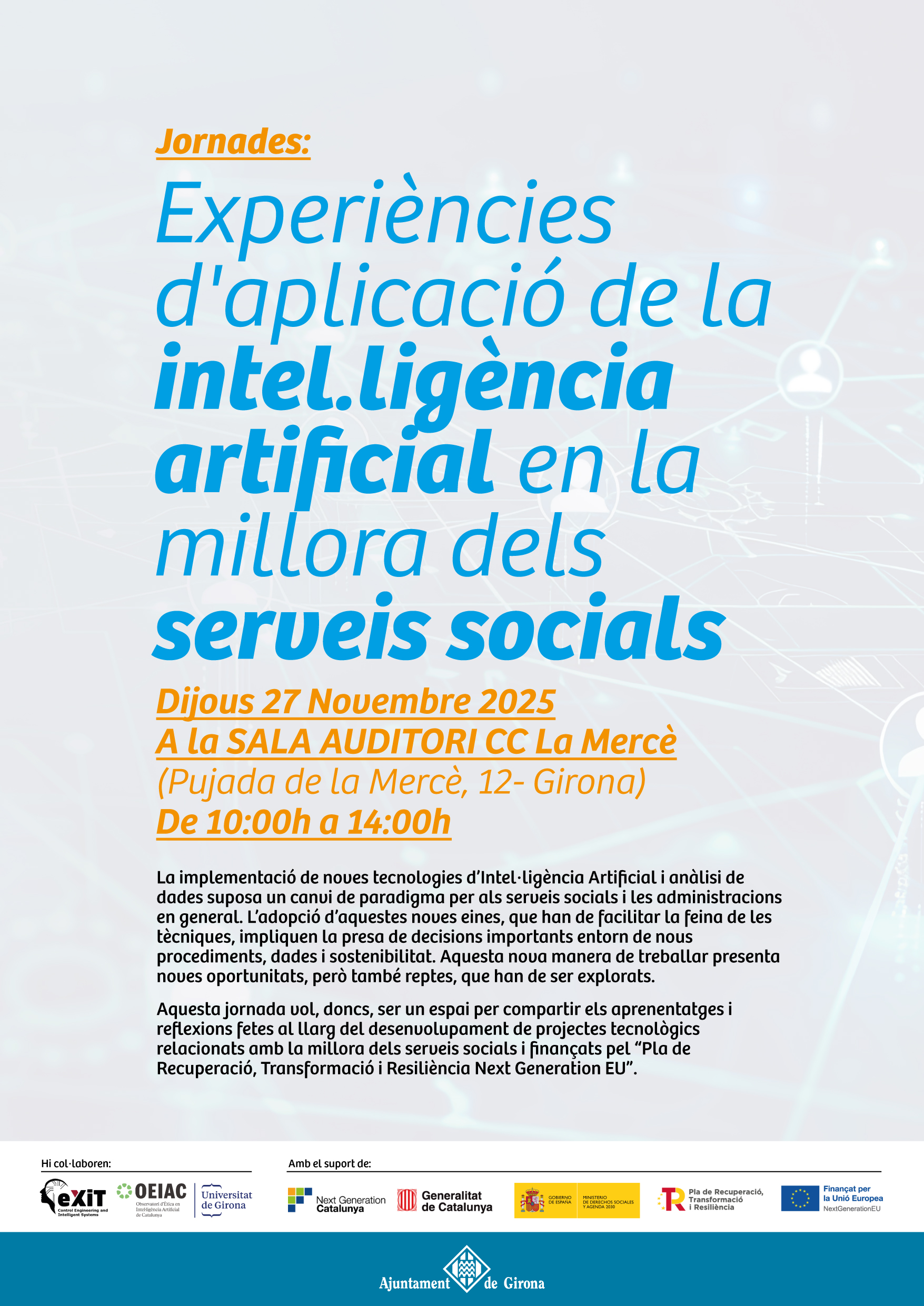 Cartell Jornada 'Experiències d'aplicació de la intel·ligència artificial en la millora dels serveis socials' - Ajuntament de Girona
